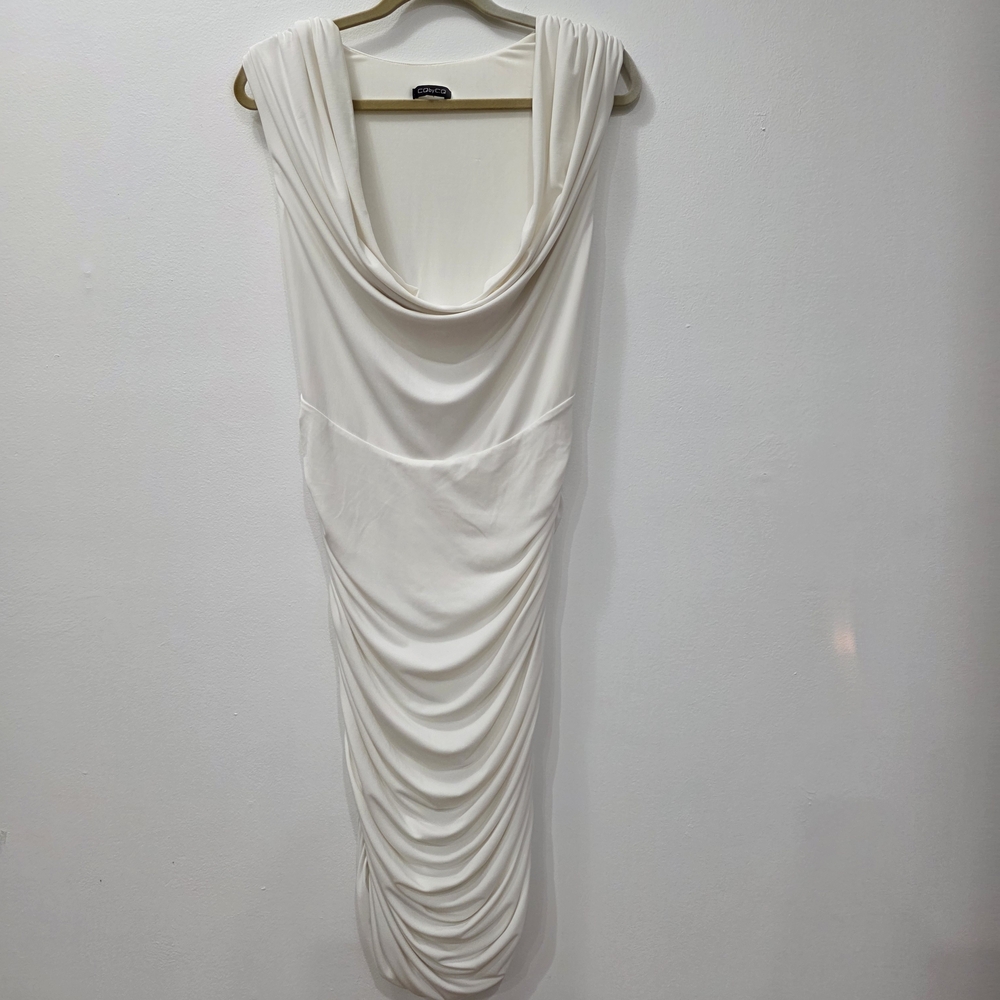 Off White Plunging Rouched Dress